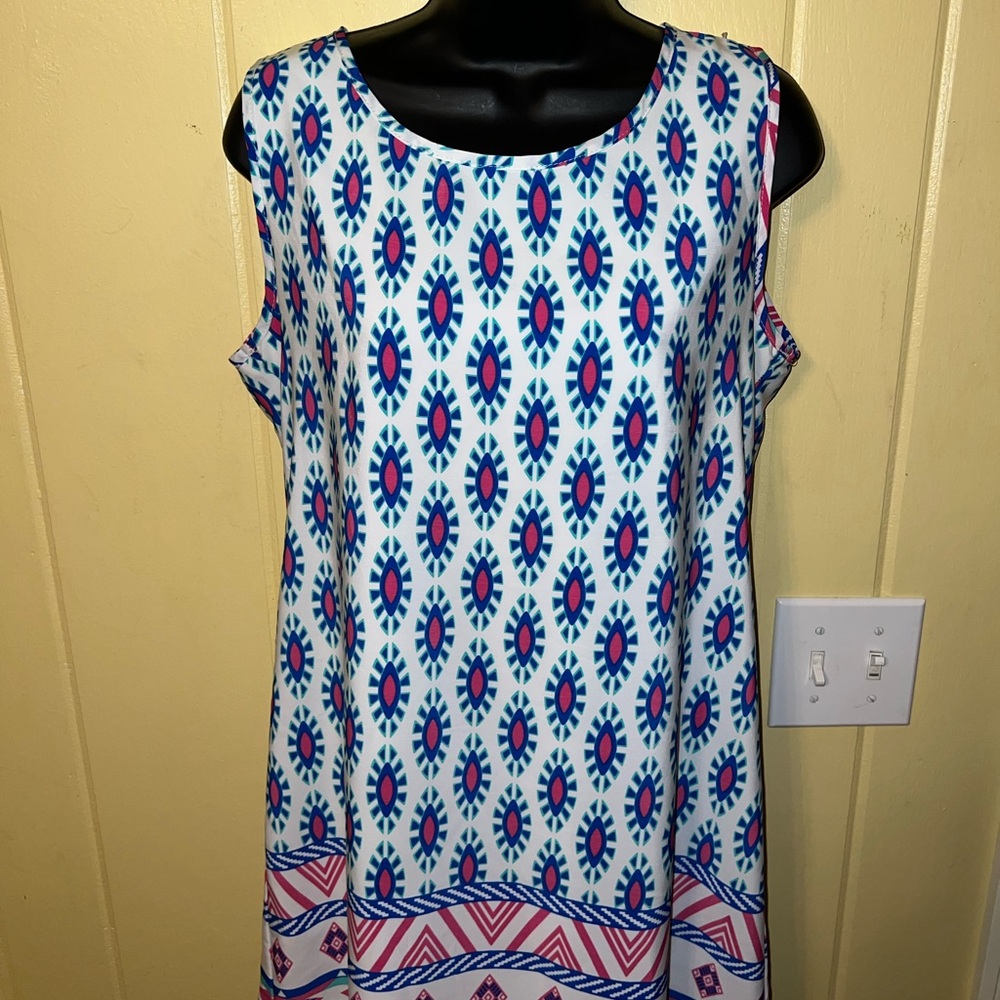 Peach Love California Boho White Colorful Geometric Tribal Print Dress Size M - Picture 3 of 10